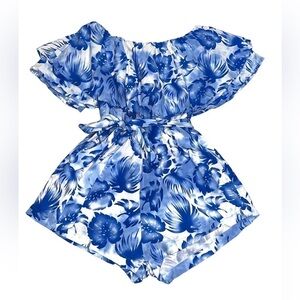 KELIKI Hawaii Rayon Off The Shoulder Romper Tropical Leaf Monstera